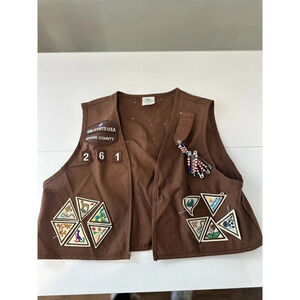 Girl Scouts Brown Vest With Patches & Pin Vintage Keepsake Size Large U0774